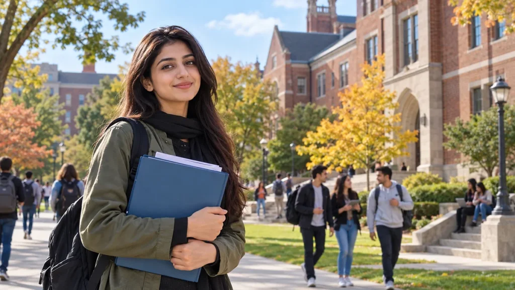 Pakistani student holding an application folder on a U.S. university campus.